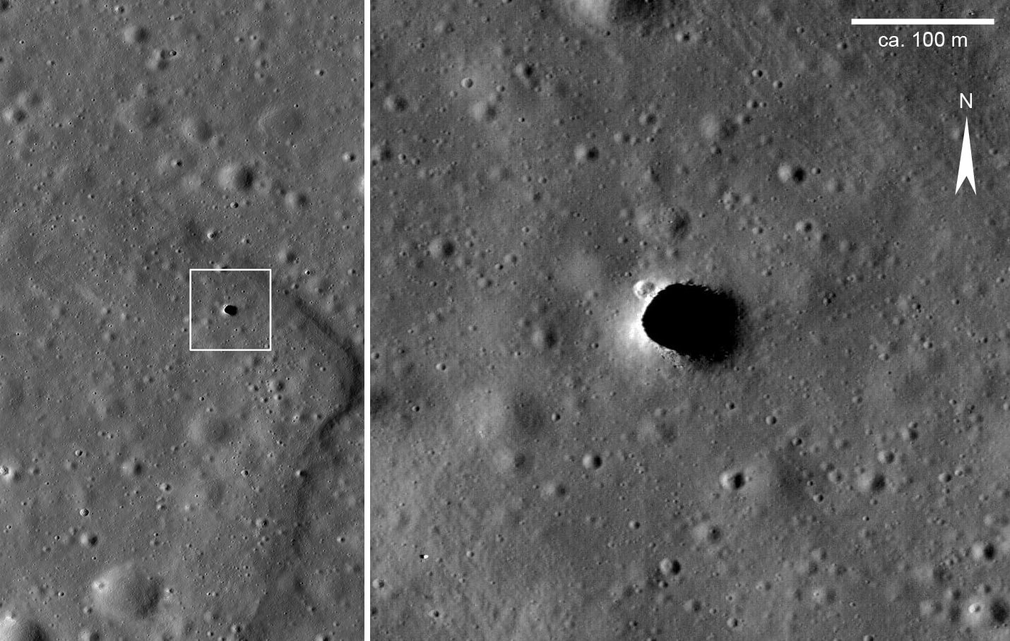 Imagem aérea de um poço circular na superfície lunar em Marius Hills