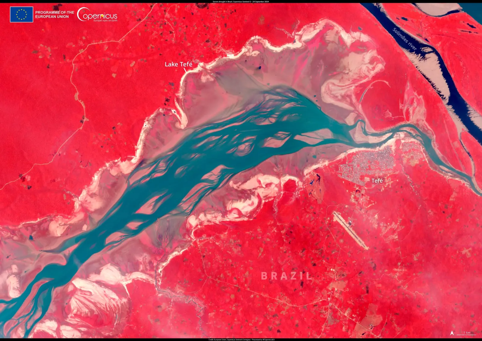 Imagem de satélite do Lago Tefé, na Amazônia, durante a seca de 2024
