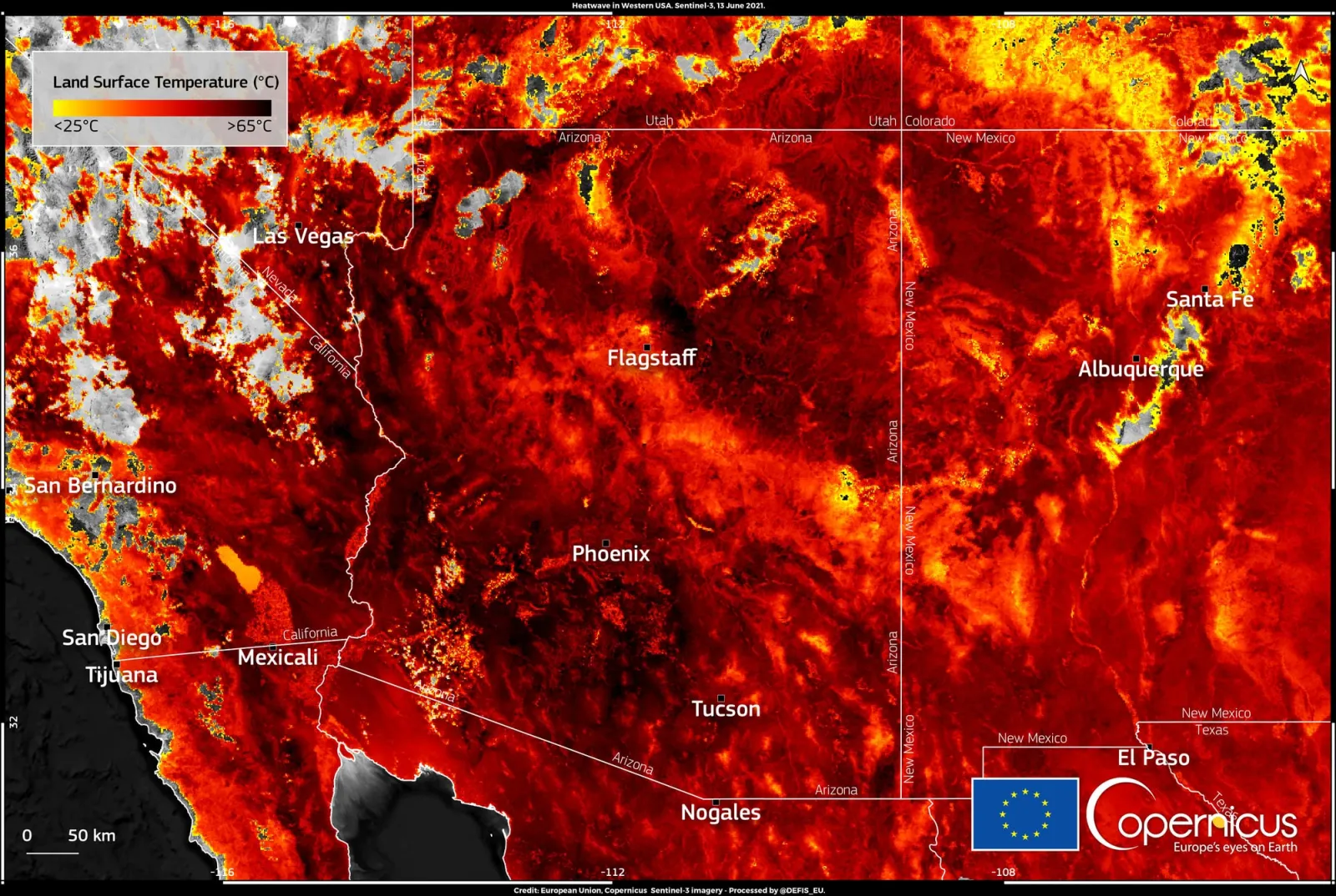 Mapa de satélite colorido da temperatura da superfície no sudoeste dos EUA, com cidades identificadas